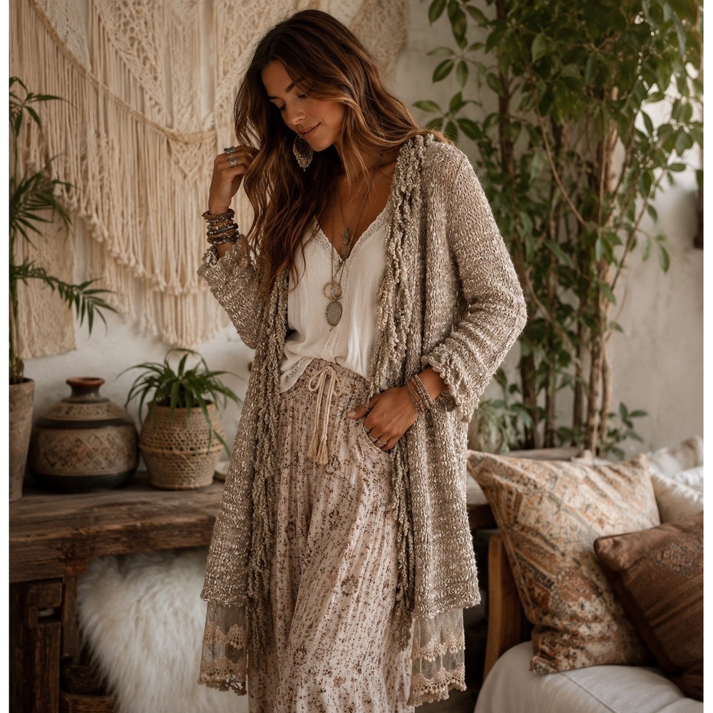Vtg Y2K Sioni Sweater Cardigan Sz S Shimmery Dusty Mauve Fringe Lace Wool Blend